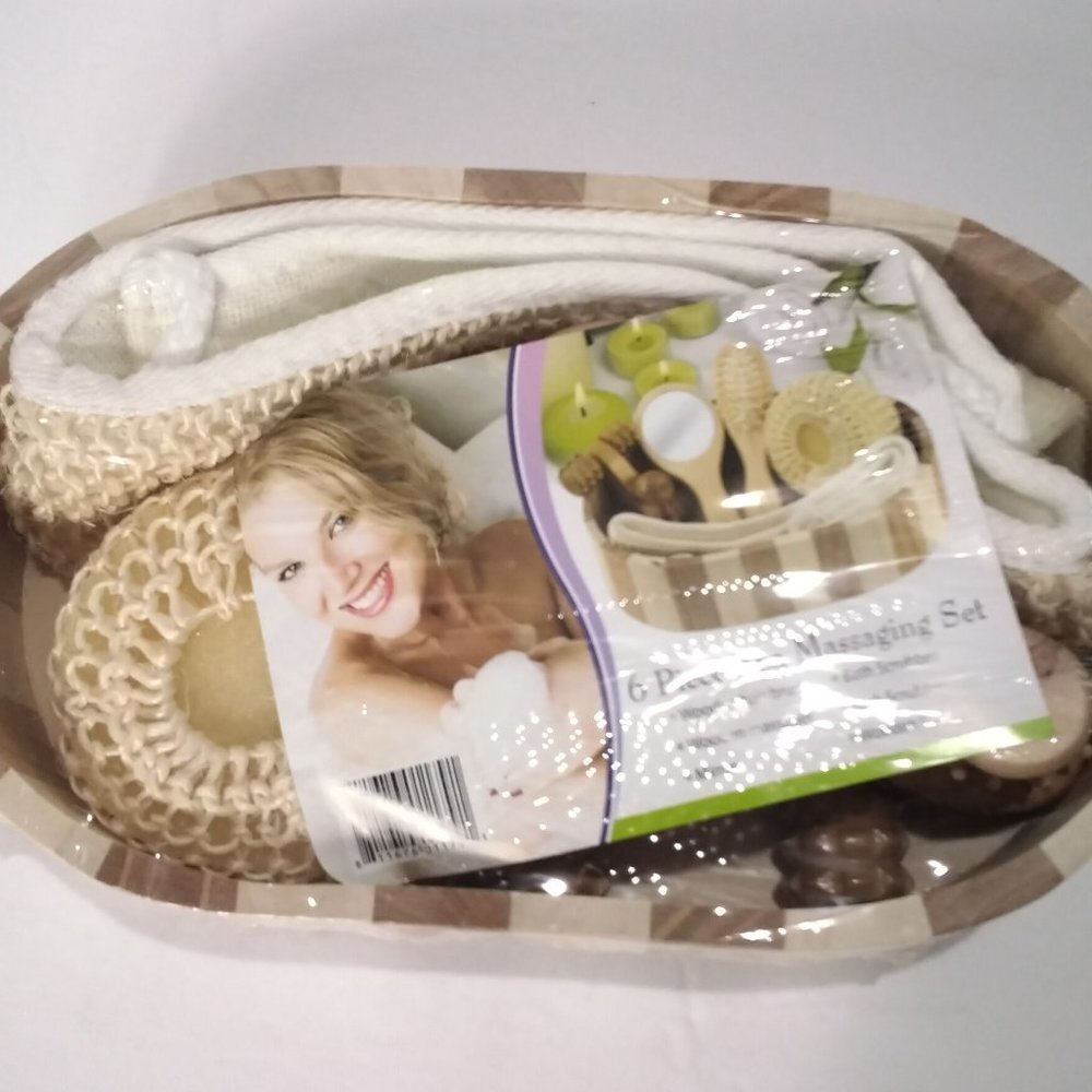 Sustainable Natural Organic Bamboo Spa Basket 6 Pc Massage & Reflexology Set NIP